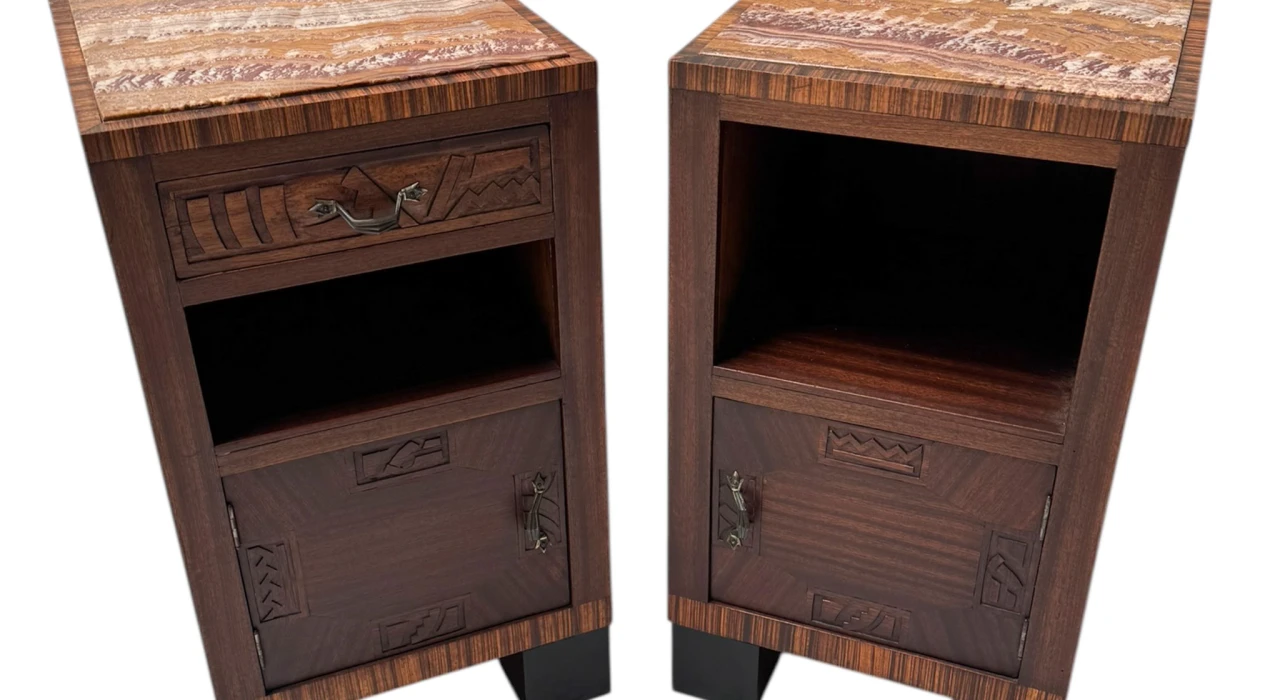 Two Art Deco Nightstands or Bedside Tables with Multi-Colored Marble Tops, 1930s